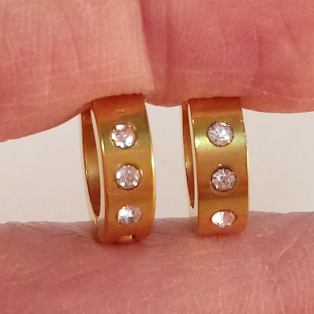 Mens Gold Stainless Steel Diamond Zircon Hoop Huggie Earrings 14mm Party Gift - Picture 3 of 6